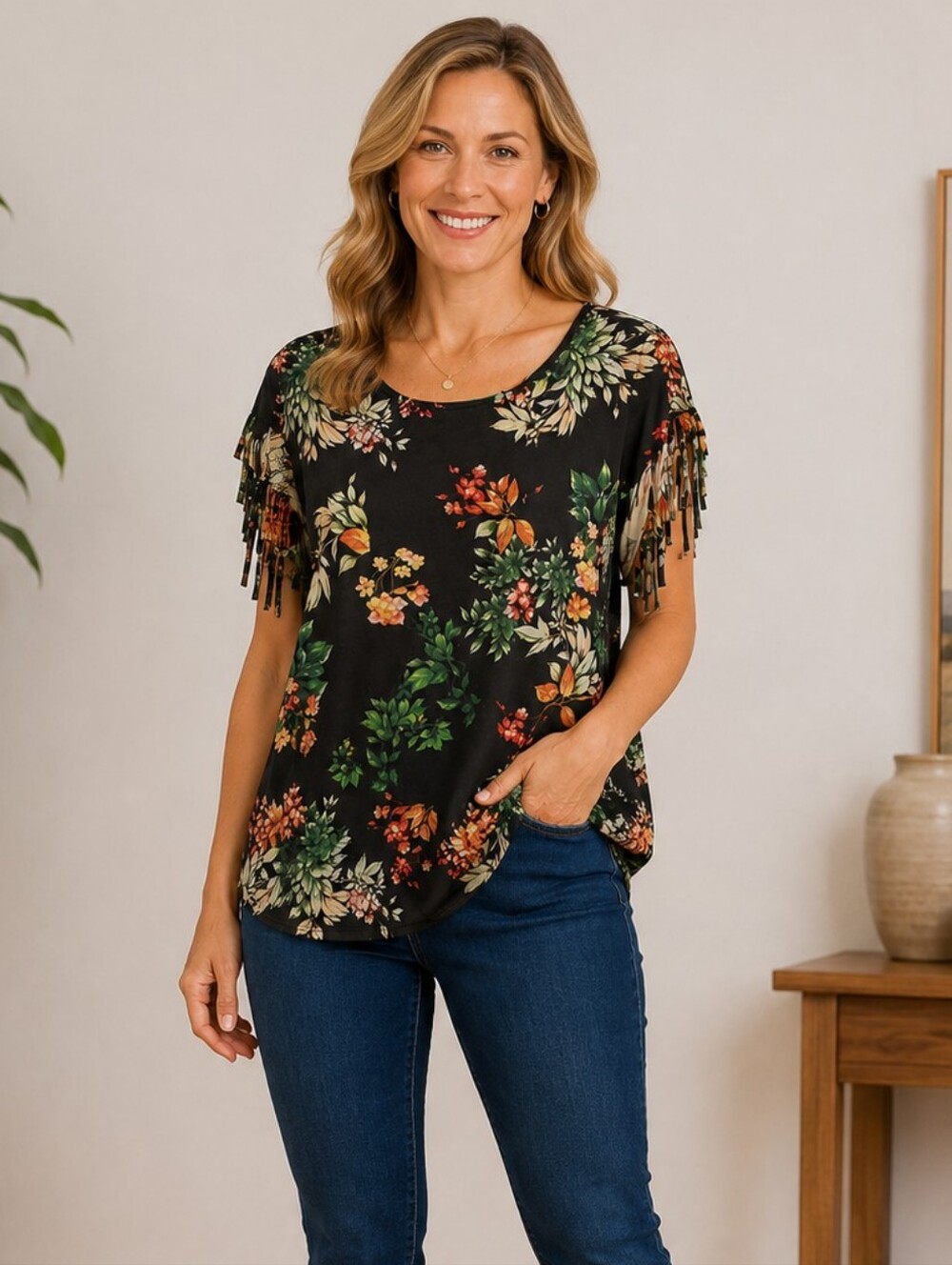 Women's Floral Print Fringe Short Sleeve Top - NWOT